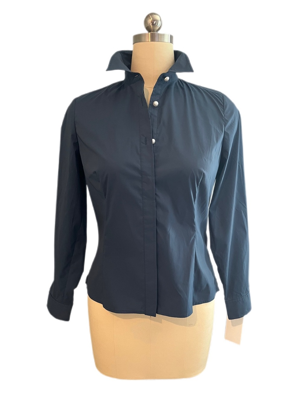 Carlisle Stretch Taffeta Steel Blue Shirt with Pearl Buttons - NWT